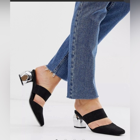 ASOS Women’s Black Suede Square Toe Mules Chrome Heel Shoes Size 8 (US) - Picture 1 of 7